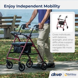 Drive Medical Aluminum Rollator Walker Fold Up and Removable Back Support, Padded Seat, 6" Wheels, Red