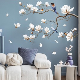 SHUCHING White Magnolia Tree Wall Decals Peel and Stick, Trees Flowers Wall Decor Stickers, White Branches Corner Wall Art(Right 2, Red Label)