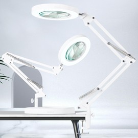 HITTI 10X Magnifying Glass with Light, 1,800 Lumens Stepless Dimmable, 3 Color Modes, 4.2″ Real Glass Lens LED Magnifying Desk Lamp & Clamp, Magnifier Light and Stand for Crafts Close Work-White