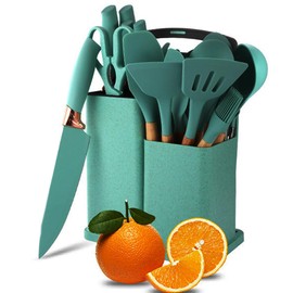 19 Pcs Kitchen Cooking Utensils and Knife Set with Block, Include 11 Pcs Silicone Cooking Utensils Set 5 Pieces Sharp Stainless Steel Chef Knives Scissors Whisk Tongs and Cutting Board (Teal)