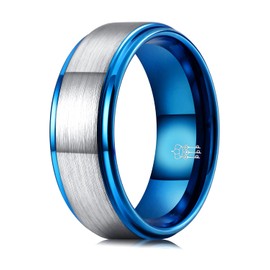 THREE KEYS JEWELRY Mens Rings Unique Silver Blue Tungsten Carbide for Man Brushed Flat Ring 8mm Wedding Band Gifts Bands Rings for Men Size 12.5