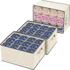 Baesyhom 3 Pcs 12 Cell Large Size Pants Organizers for Clothes, Jeans, Sweater, T-shirt, Dress Stackable for Wardrobe Closet Drawer Organizer Storage Bin Container, Beige