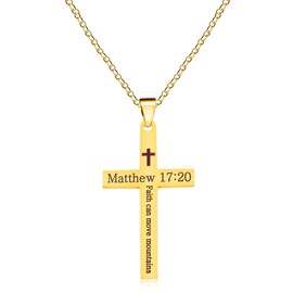 Uloveido Religious Cross Necklace for Men and Women – Stainless Steel Faith Can Move Mountains Matthew 17:20 Engraved Pendant, Inspirational Christian Jewelry YA5186 (Gold Color)