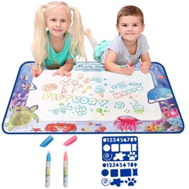Water Doodle Mat, 44×32cm Aquadoodle Mat with Magic Pens and Molds, Reusable No Mess Water Drawing Mat, Water Mat Drawing 2 3 4 5 6 Year Old Boy Educational Toy Gifts