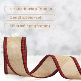 G2PLUS 63mm Wired Burlap Ribbon, 10M Plaid Burlap Ribbon, Natural Red Gingham Ribbon, Christmas Buffalo Plaid Ribbons, Craft Checked Ribbon for Bows and Christmas Wreaths Project