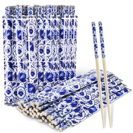 Suttmin 50 Pairs Cherry Blossom Chopsticks Bulk with Sleeved Blue Flower Disposable Bamboo Eucalyptus Chopsticks Wedding Favors Chinese Japanese Food Supply for Takeout Picnic(Porcelain)