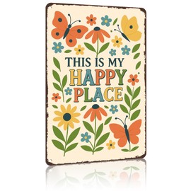 This Is My Happy Place Vintage Aluminum Metal Sign, Floral Butterfly Garden Wall Decor for Patio Porch Greenhouse Farmhouse Home, Gift for Garden Lover, 8x12 Inch