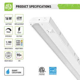 ASD Swivel LED Under Cabinet Lighting, 32 Inch 16W, Hardwired or Plug-in, 2700K/3000K/4000K, Hi/Low Switch, Rotatable Lens, Dimmable Linkable Under Counter Light for Kitchen, ETL & Energy Star