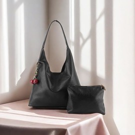 Leather Slouchy Hobo Bags for Women Tote Bag Retro Soft PU Leather Shoulder Bag for Women with Cherry Accessories (Black)