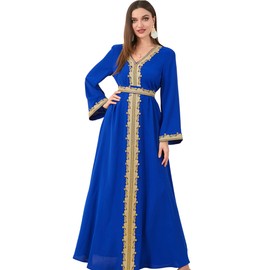 FYMNSI Womens Muslim Dress with Belted Abaya Floral Lace V Neck Long Sleeve Modest Abayas Prayer Clothes Ladies Middle East Kaftan Dubai Loose Maxi Robe Arabian Outfit Islamic Ramadan Dresses Blue M