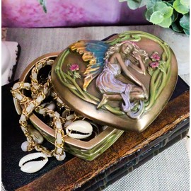 Ebros Gift Resting Fairy by The Pond Heart Shaped Decorative Jewelry Box Figurine Fantasy Myth Legend Faery Garden FAE Pixies Vanity Boudoir Accessory Stash Boxes