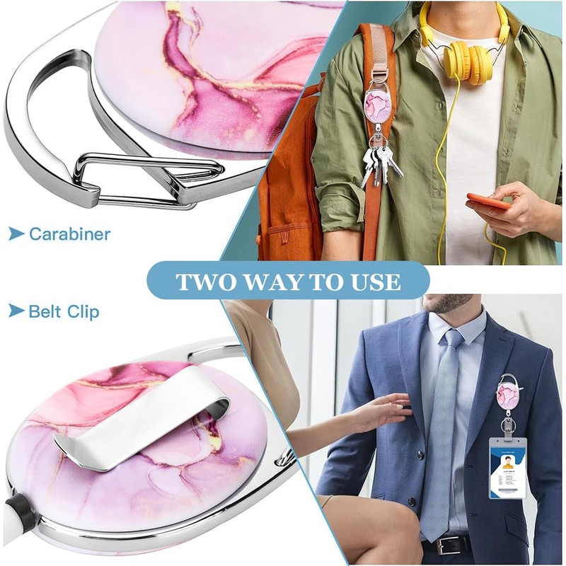 FENQURO Pack of 2 lanyards, retractable badge reels, pink marble,