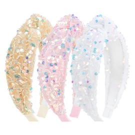 YanJie Sequin Knotted Headbands for Girls White Pink Gold Hair Accessories for Kids Sparkly Headband Glittery Hair Bands for Toddler Teen Girl 3Pcs