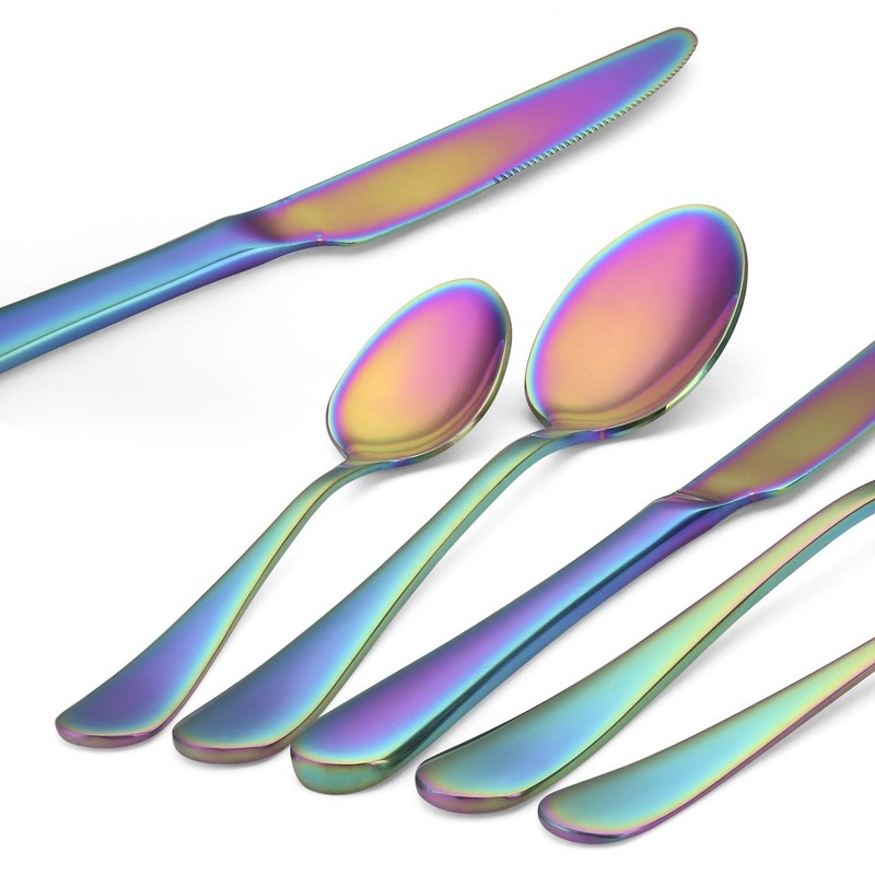 Rainbow Silverware Set,SHARECOOK 20-Piece Stainless Steel Flatware Set with Round