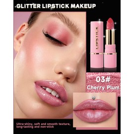 Diamond Glitter Matte Lipstick,Rose Pink Metallic Shimmer Lip Gloss Lip Tint,Longlasting Waterproof Non-Stick Lip Color,Full Coverage Lipgloss Lipstain, Valentine's Day Lip Makeup Gift for Women-03