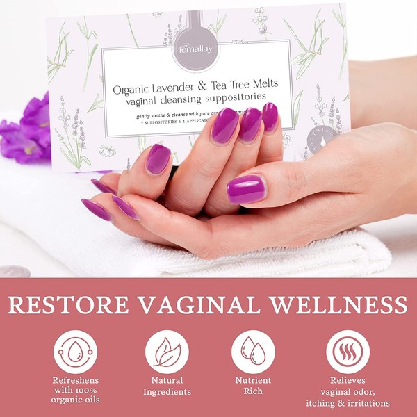 Femallay Organic Lavender and Tea Tree Oil Vaginal Cleansing Suppositories for Hygiene, 100% Natural Melts for Feminine Care, Great for Dryness and More, 7 Individually-Sealed Melts + 1 Applicator