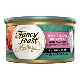Purina Fancy Feast Medleys Wet Cat Food, Wild Salmon Primavera with Tomatoes, Carrots & Spinach in Silky Broth, Canned Wet Cat Food, 3 Ounce (Pack of 12)