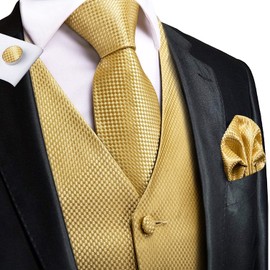 Hi-Tie Mens Suit Vest Bowtie Set Ties for Men V Neck Dress Waistcoat Tie Pocket Square Cufflinks Formal Business Wedding,Gold,3X-Large