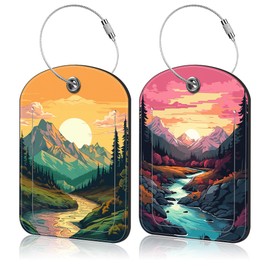 Sunset Mountains and River Landscape Leather Luggage Tag for Suitcase 2 Pack Luggage Tag with Privacy Name ID Label and Stainless Steel Loop for Travel Bag Suitcase