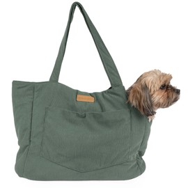 NoblePup Corduroy Dog Carrier - Lightweight Cotton Soft-Sided Pet Tote with Safety Harness Clip - Breathable Travel Carrier for Small Dogs and Puppies (Green)