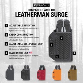 Clip & Carry Kydex Multitool Sheath for The Leatherman Surge - Made in USA - EDC Multi Tool Sheath Holder Holster Cover - Black