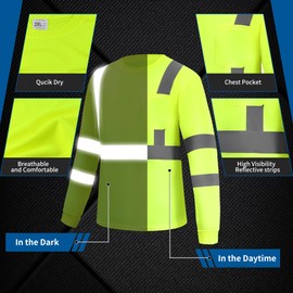 WPLM Hi Vis Reflective Shirts Reflective Lightweight Safety Work Long Sleeve Shirts for Men Fast Dry XL Yellow 5pcs New