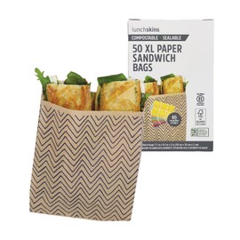 Lunchskins Compostable XL Sandwich Bags – 50 Count | Chevron Design | Eco-Friendly Food Storage Bags Made from Unbleached Kraft Paper with Recyclable Resealable Stickers