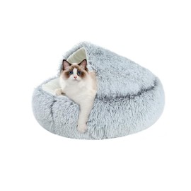 CUEMOON Fluffy Cat Bed, Round, Soft Plush, Small Dogs and Cats Pet Bed, Washable, Non-Slip Dog Beds, Long Plush Thickened Warm Dog Basket, Sleeping Pillow, Non-Slip, Grey