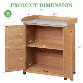 Outdoor Potting Bench with Storage Cabinet and Metal Top, Wood Workstation for Outdoor Patio, Garden (Light Brown, 31.5x17x39‘’)