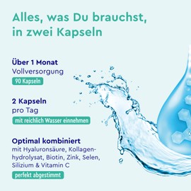 Hyaluron Kollagen Kapseln - Mit Biotin, Vitamin C (aus Acerola), Zink, Selen & Bambusextrakt - Hochdosierter Haut-, Haare-, Nägel-Komplex - 90 Stück für >1 Monat - Hoch bioverfügbar - Laborgeprüft