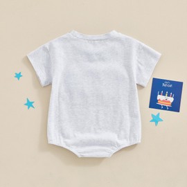 FEIBEL 4th of July Baby Outfit Infant Boy Girl Bubble Romper USA Embroidery Short-Sleeve Crewneck One-Piece Holiday Outfit (Light Gray 3, 3-6 Months)