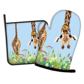 Funny Giraffe with Flowers Oven Mitts and Pot Holders Kitchen Cooking Gloves 2 Pcs Set Heat Resistant Pad for Baking BBQ Home Decor