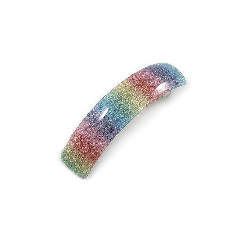 'Rainbow' Glitter Acrylic Square Barrette/Hair Clip In Silver Tone -