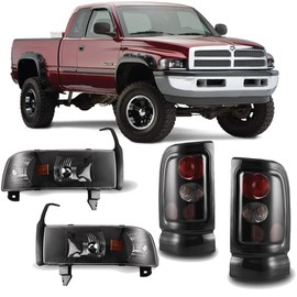 Winjet Headlight + Tail Light Set Assembly Without DRL For 1994-2002 Dodge Ram 1500/2500/3500/4000 Black Housing