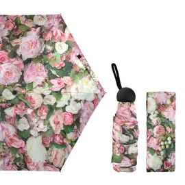 ALAZA Pink Rose White Flowers Floral Folding Umbrella for Rain Sun Travel Mini Lightweight Compact Umbrellas