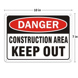 2 Pack "Danger - Construction Area, Keep Out" Sign, 10"x 7" Rust Free Reflective Aluminum Metal Sign, Fade Resistant, Waterproof, Easy to Mount ﻿