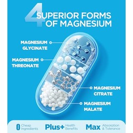 Suplemento de magnesio cuádruple, 400 mg de quelato de glicinato de magnesio, L-treonato, citrato y malato | Complejo de máxima absorción con vitamina D3 y B6, para el sueño, los músculos del