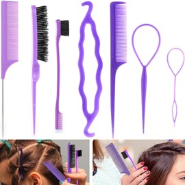 7 Pcs Styling Hairbrush Set, Bristle Hairbrush, Hair Comb, Slick Hair Brush, Edge Hair Brush, Rat Tail Comb Edge Brush, Women Girls Stylists Baby Beauty Accessories, Creating The Perfect Hairstyle for Women and Girl (Purple)