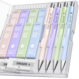 Four Candies Cute Mechanical Pencil Set with Case, 4PCS 0.5mm Pastel Fast Click Aesthetic Mechanical Pencils with 480PCS HB Lead Refills, 2 Erasers, 12 Eraser Refills School Supplies for Girls Writing