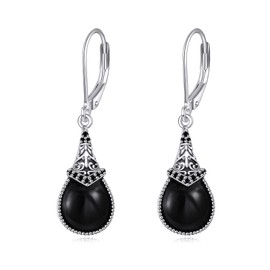 Black Onyx Drop Earrings for Women Sterling Silver Vintage Dangle Earrings Black Onyx Leverback Earrings Jewellery Gifts for Her (Black Onyx Earrings)