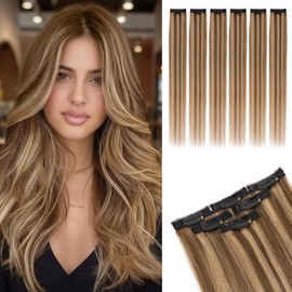 Rich Choices Real Human Hair Clip In Extensions-6 Pcs Single Clip Design-Invisible Clip in Extensions for Thin Hair-Hairpieces for Women/Men-20 Inches #4P27 Medium Brown Highlighted Dark Blonde