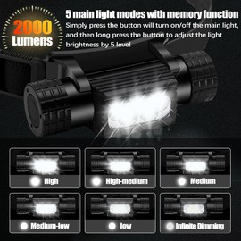 Rugtol Headlamp Rechargeable, 2000 Lumen Super Bright LED Head Lamp for Adults, IP67 Waterproof Rechargeable Headlight with 9 Modes, Head Flashlight with 2600 mAh for Outdoor Camping Hiking Fishing Running