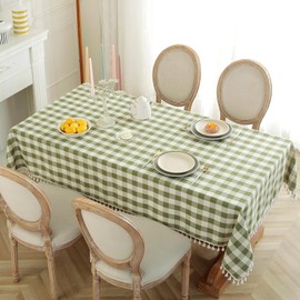 Laolitou Checkered Tablecloth Rectangle Washable Heavy Duty Buffalo Plaid Table Cloth with Tassel Cotton Linen Gingham Table Cover for Spring Picnic Kitchen Dining Room, Green, 70 Inch