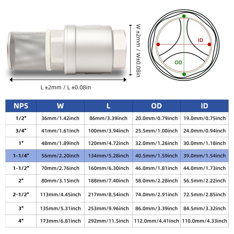 Foot Valve with Filter 1-1/4" NPT, Stainless Steel Bottom Valve,