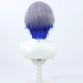 Koyanagi Rou Cosplay Wig, Small Size, Heat Resistant Wig, Small Face, Layer, Two-tone, Fluffy, Short Hair, Realistic (Gray + Blue)