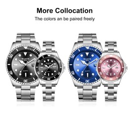 WLISTH S526 Couple Watch Romantic His and Hers Quartz Analog Wrist Watch Classic Dress Watch for Lovers with Calendar/Luminous/30M Waterproof/Unidirectional Rotatable Dial for Business Casual