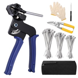 Stainless Steel Cable Tie Gun Kit with 150PCS Metal Zip Ties (Heavy Duty Outdoor) – Heavy Steel Cable Tie Tool, Industrial Scissors & Gloves – Chain Link Fence Parts, Durable Stainless Zip Ties