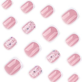 Summer Flower Press on Nails Short Square Shaped Fake Nails with White Floral Pearl Design Glossy Pink False Nails Full Cover French Acrylic Nails Stick on Nails for Women Manicure DIY Art 24 Pcs