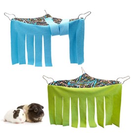 RIOUSSI Guinea Pig Hideout Hideaway Corner Peekaboo Toys Cage Accessories with Reversible Side, Geo/Gray-Green+Blue, Pack of 2