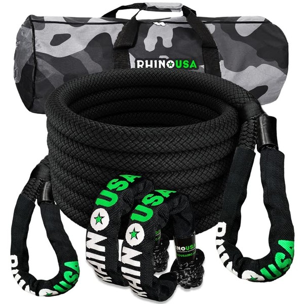 Rhino USA Kinetic Rope Recovery Kit (7/8in x 30ft) - Heavy Duty Offroad Snatch Strap - Includes 2 Soft Shackle for UTV, ATV, Truck, Car, Jeep, Tractor